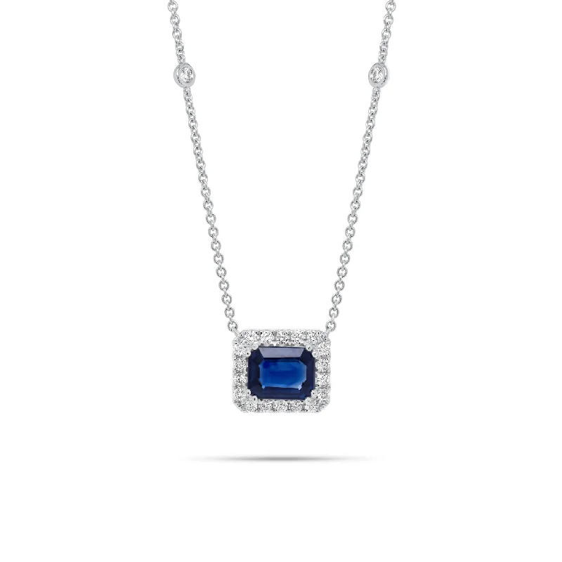 Emerald-Cut Sapphire Halo Diamond Pendant Necklace