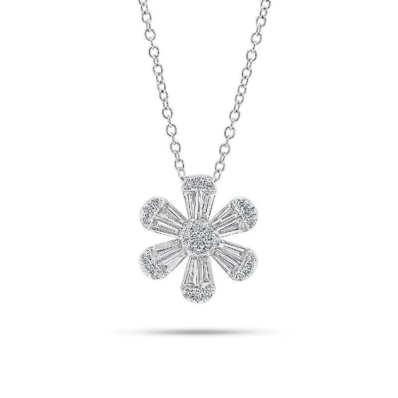 Round & Baguette Diamond Flower Pendant