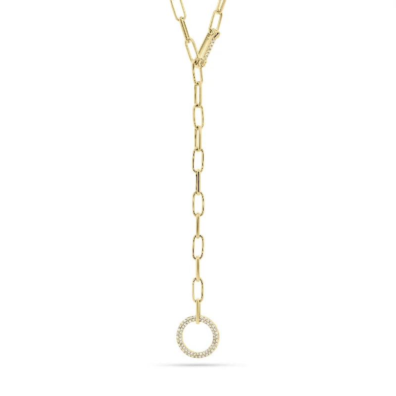 Diamond Circle Lariat Necklace with Paperclip Chain