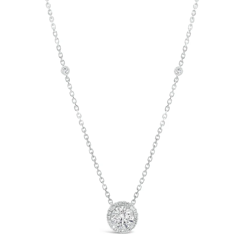 Round Diamond Halo Pendant Necklace with Bezel Set Diamond Stations