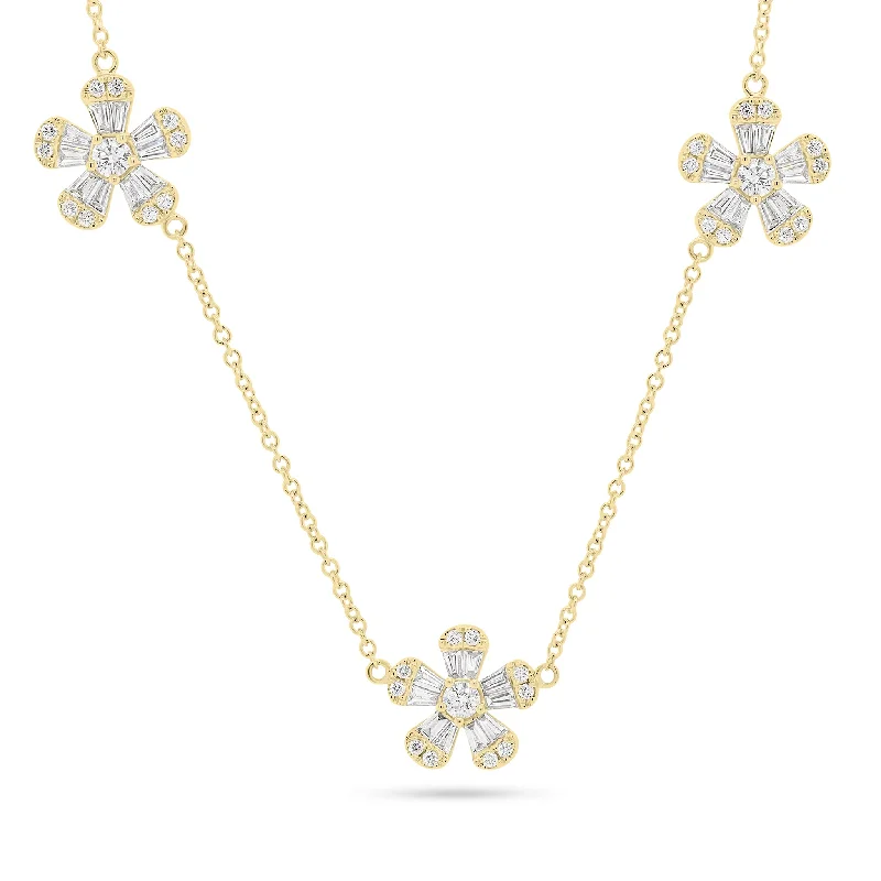 Round & Baguette Diamond Flower Station Necklace