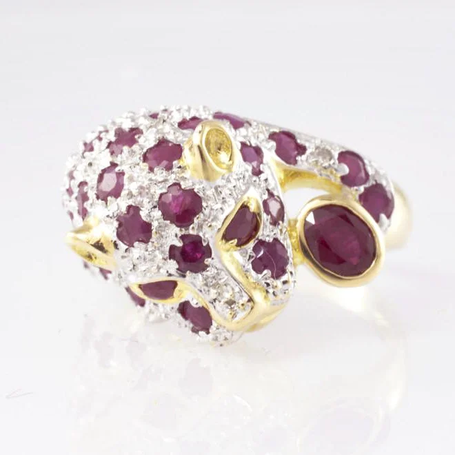 14 Kt Yellow Gold, Ruby & Diamond Panther Ladies' Ring