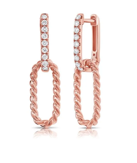 14K Rose Diamond Cable paperclip Link Dangle Earrings