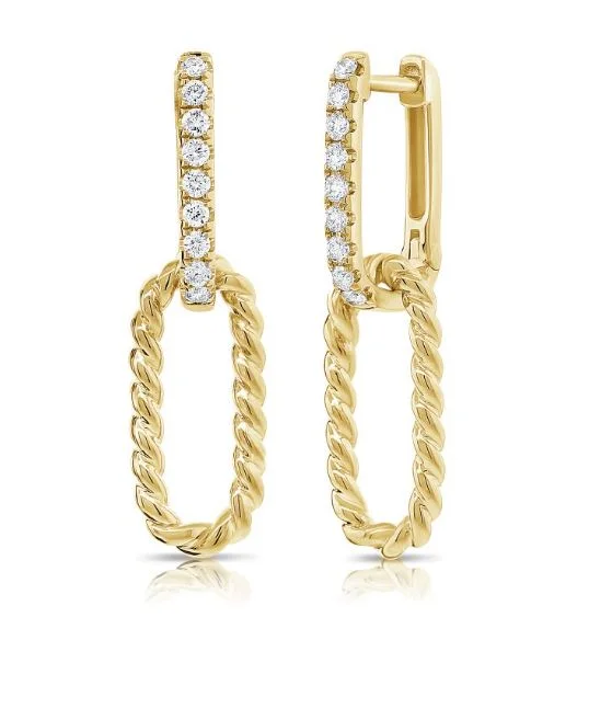 14K Yellow Diamond Cable paperclip Link Dangle Earrings