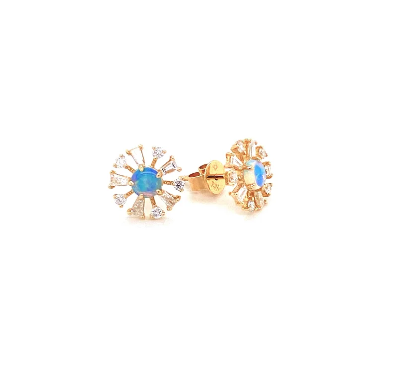 Gold Rope Chain 14K Yellow Gold Diamond +Opal Starburst Earrings