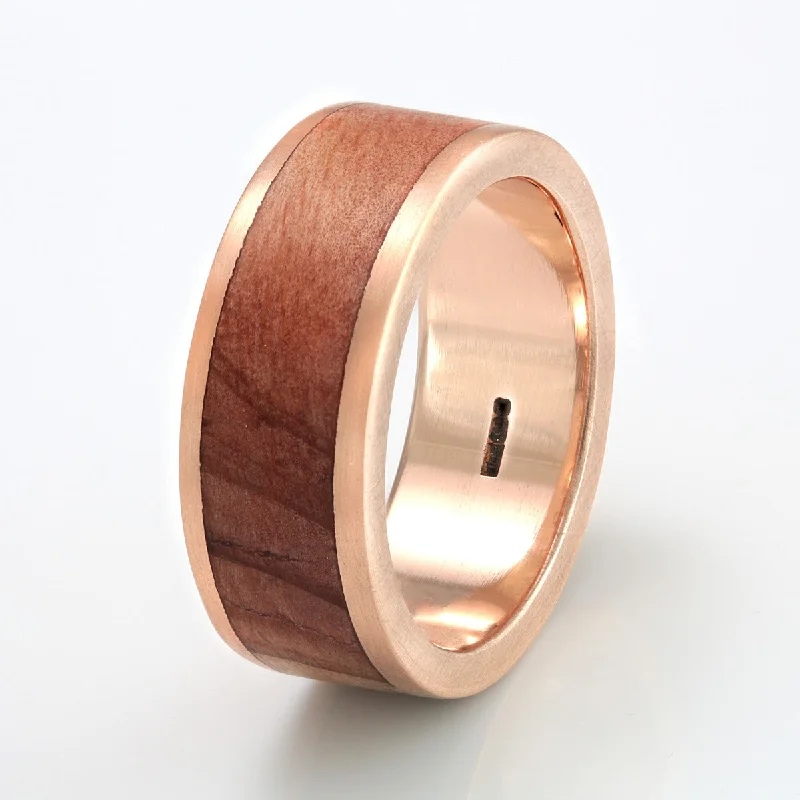 9ct Rose Gold Ring 8mm Flat with Wood Inlay