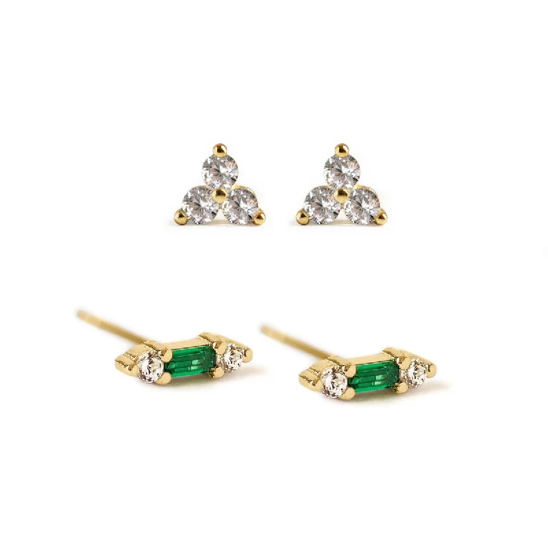 Gemstone Bar + Clover Studs Set Emerald