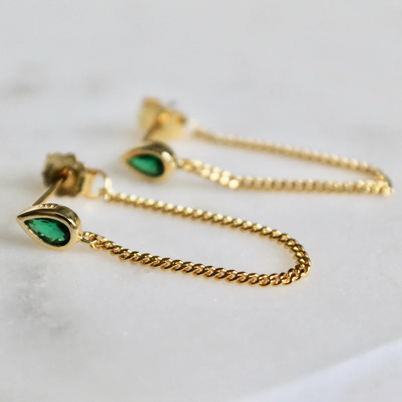 Green stone chain stud earrings