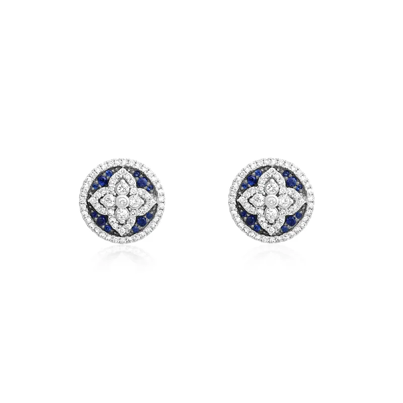 Pavé Blue Sapphire and Diamond Floral Stud Earrings