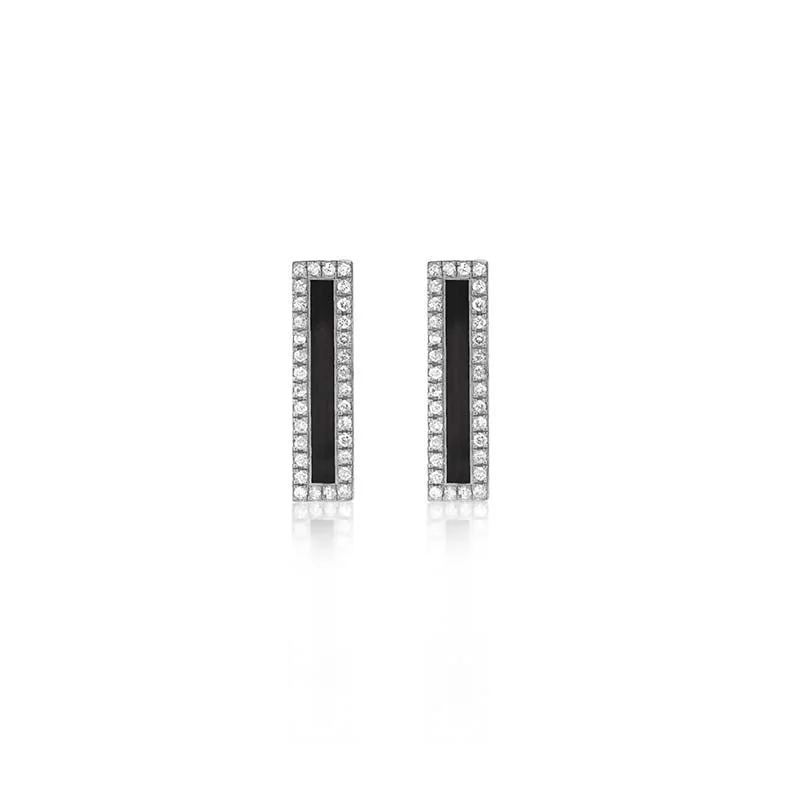 Celestial Jewelry White Gold Onyx Inlay Long Bar Studs with Diamonds