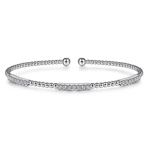 14K White Gold Bujukan Bead Cuff Bracelet with Diamond Pave Stations