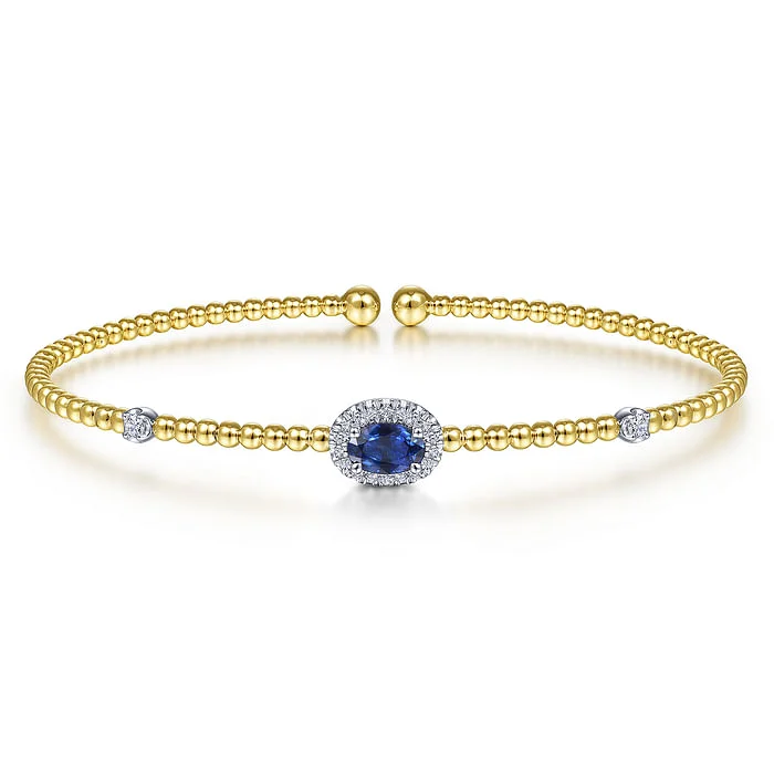 14K White-Yellow Gold Bujukan Bead Cuff Bracelet with Sapphire and Diamond Halo Station