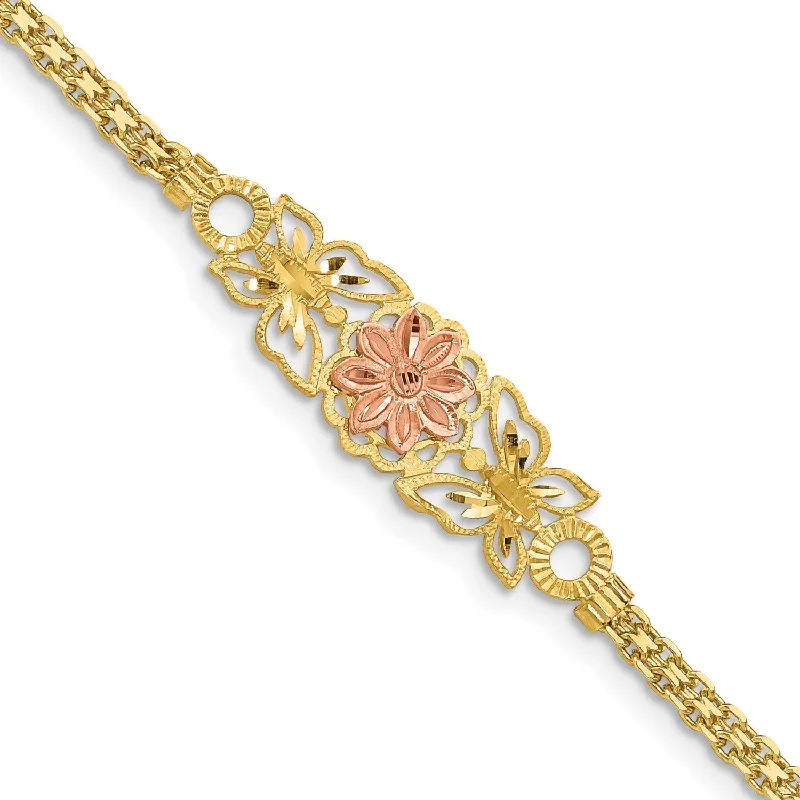 14KT Yellow and Rose Gold 7-inch 11MM Butterfly Flower Bracelet