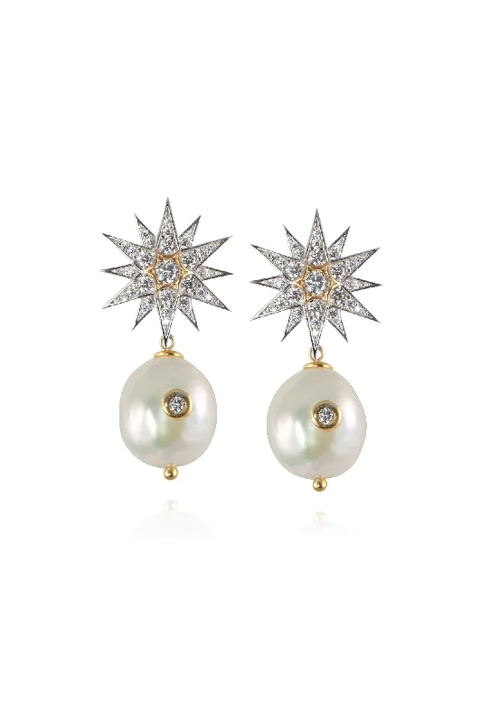 Star & Pearl Drop Silver Earrings w. Zirconia & Pearls