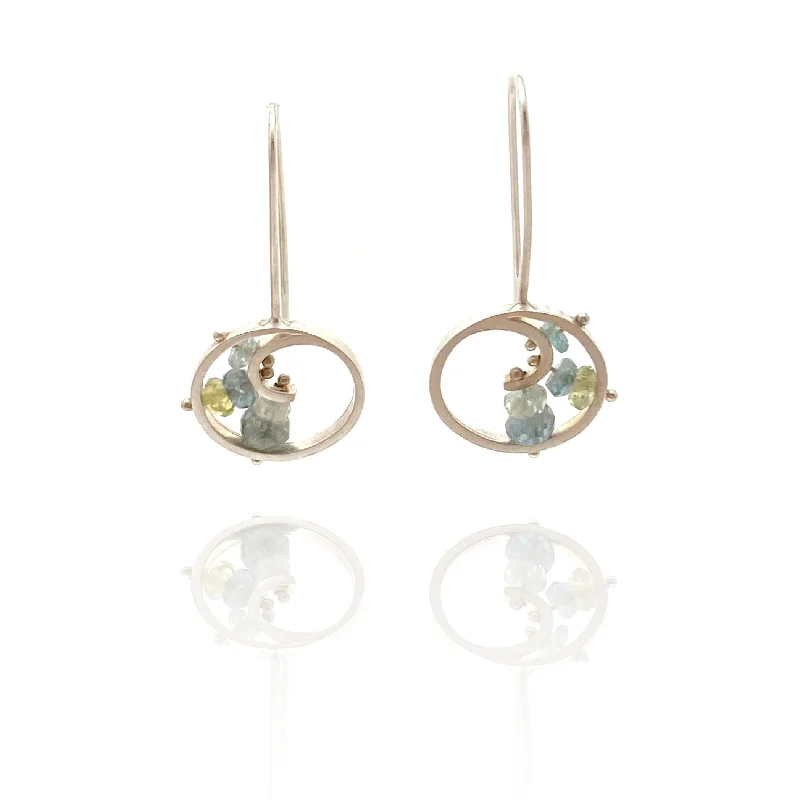 Gold Bangle Aquamarine & Moss Agate Swirl Earrings