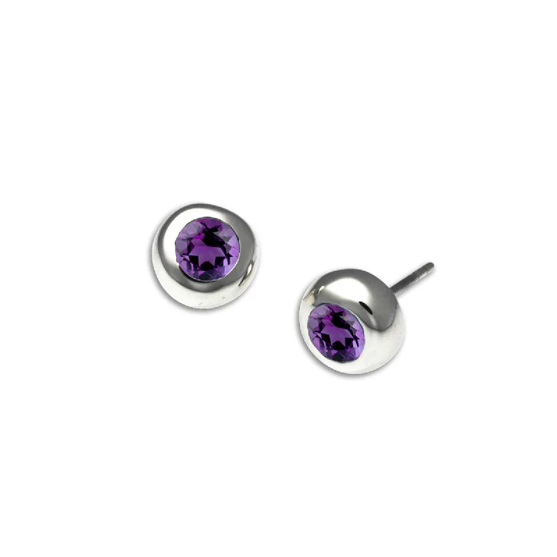 Bezel Set Amethyst Stud Earrings, Sterling Silver