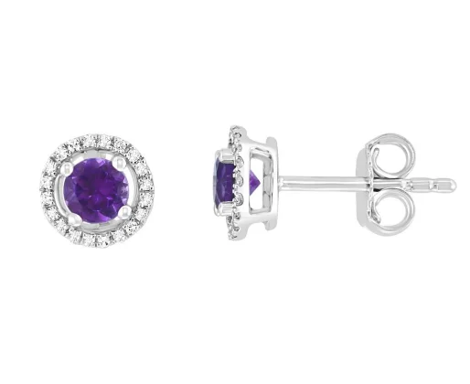 Bremer Jewelry Round Amethyst and Diamond Solitaire/Stud Earrings in 14K White Gold (0.55ctw)