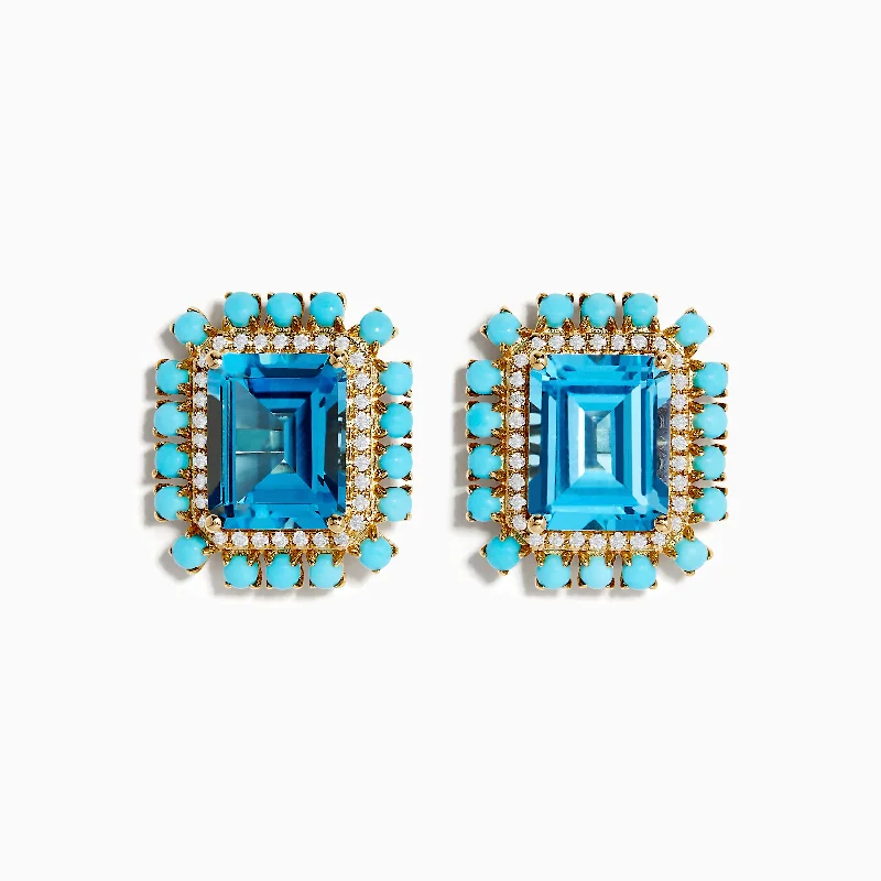 14K Yellow Gold Blue Topaz, Turquoise and Diamond Earrings