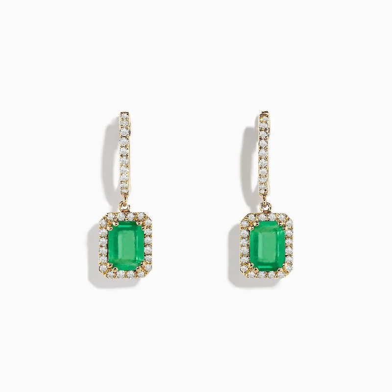 14K Yellow Gold Emerald and Diamond Drop Earrings