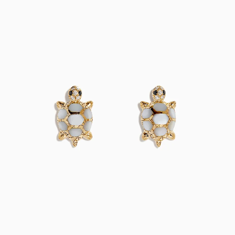 14K Yellow Gold Multi Diamond and Mother of Pearl Turtle Stud Earrings