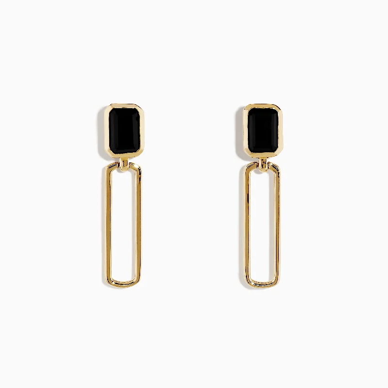 14K Yellow Gold Onyx Paperclip Drop Earrings