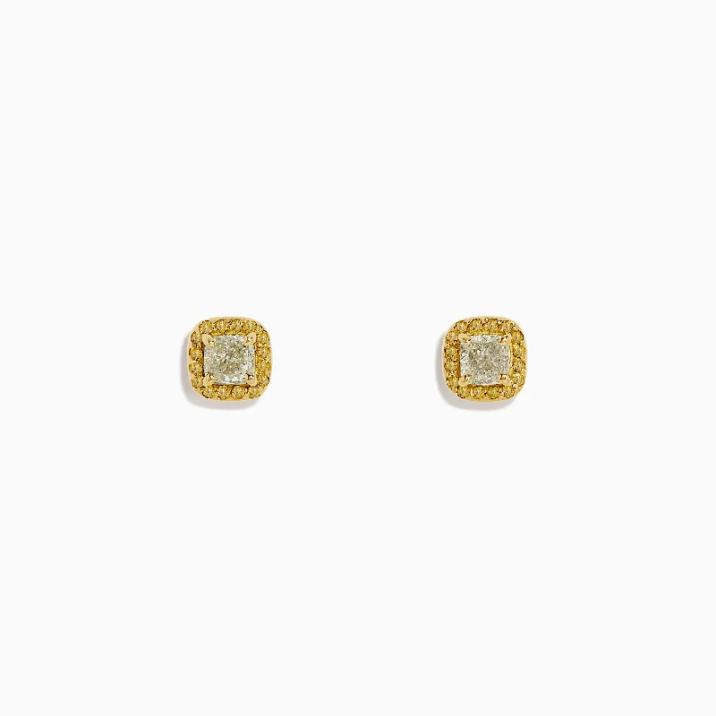 18K Yellow Gold Cushion Halo Yellow Diamond Stud Earrings 0.73 TCW