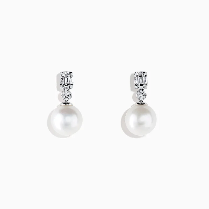 Pearl 14K White Gold Fresh Pearl and Diamond Drop Earrings