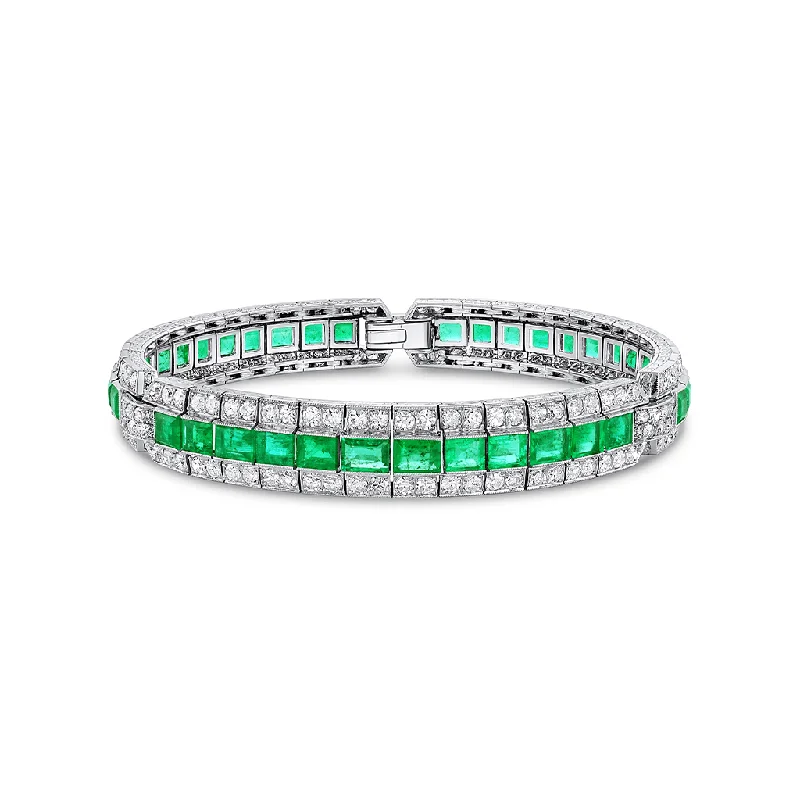 Estate Platinum 6.20ctw Emerald and 6.40ctw Diamond Art Deco Bracelet