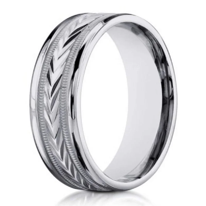 Onyx Bracelet 18K White Gold Designer Band for Men, Carved Arrow Design | 6mm