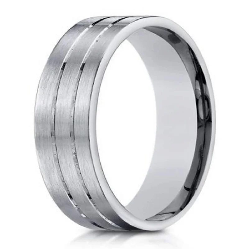 Fashion Bangles 6mm Men's Satin-Finished 14k White Gold Wedding Ring with Two Parallel Cuts