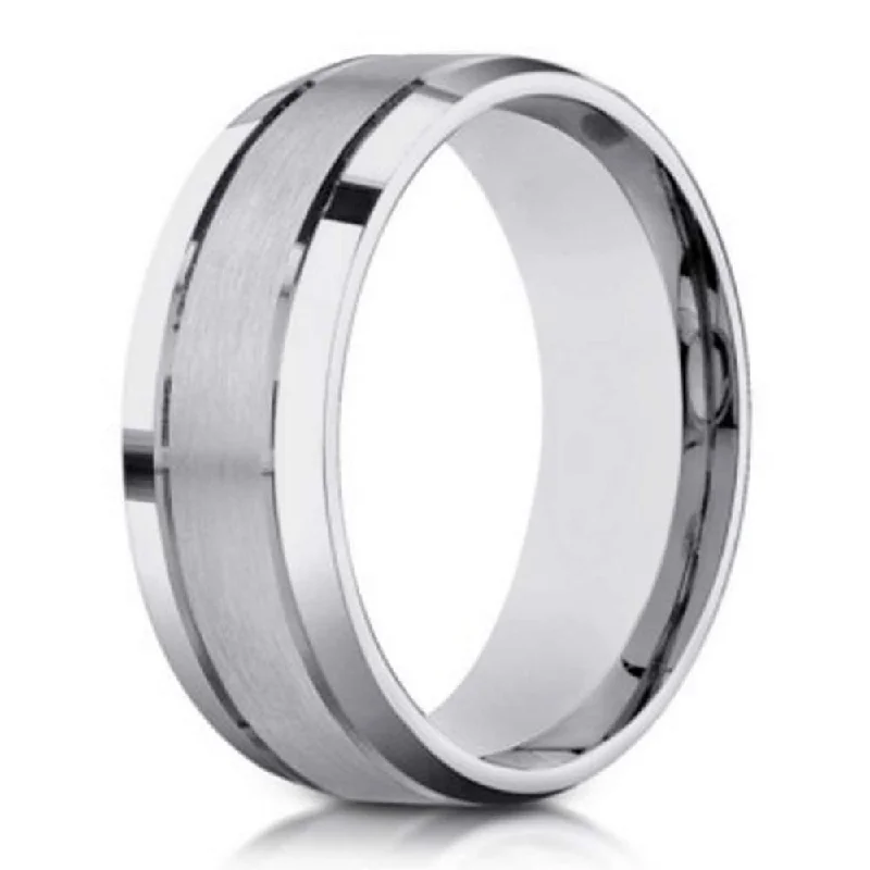 Black Diamond Ring 6mm Satin-Finished 14k White Gold Wedding Band with Polished Beveled Edges