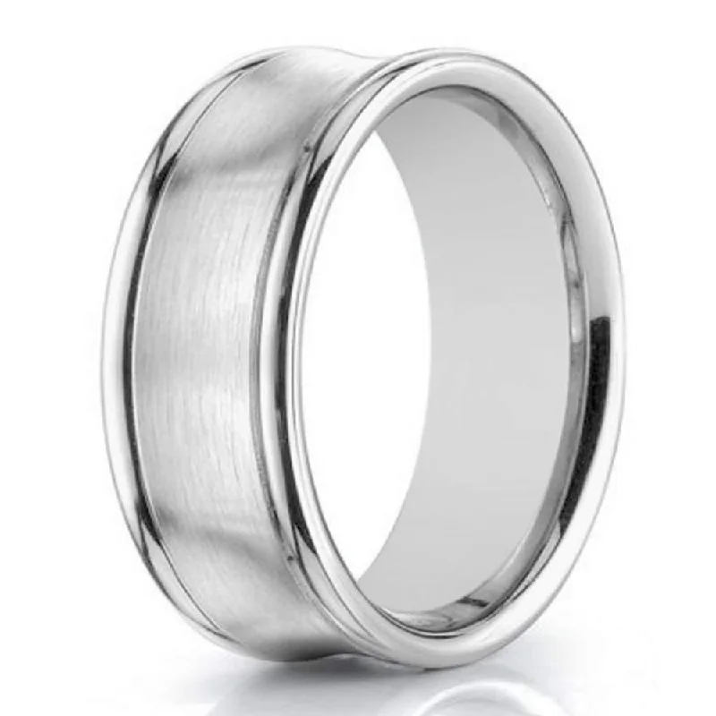 Silver Statement Ring 7.5mm Designer 14k White Gold Concave Wedding Ring for Men