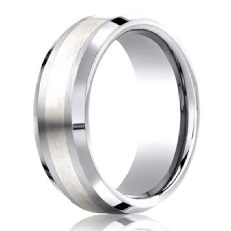 Minimalist Bracelet 7mm Designer Cobalt Chrome Men's Wedding Ring With Silver Inlay