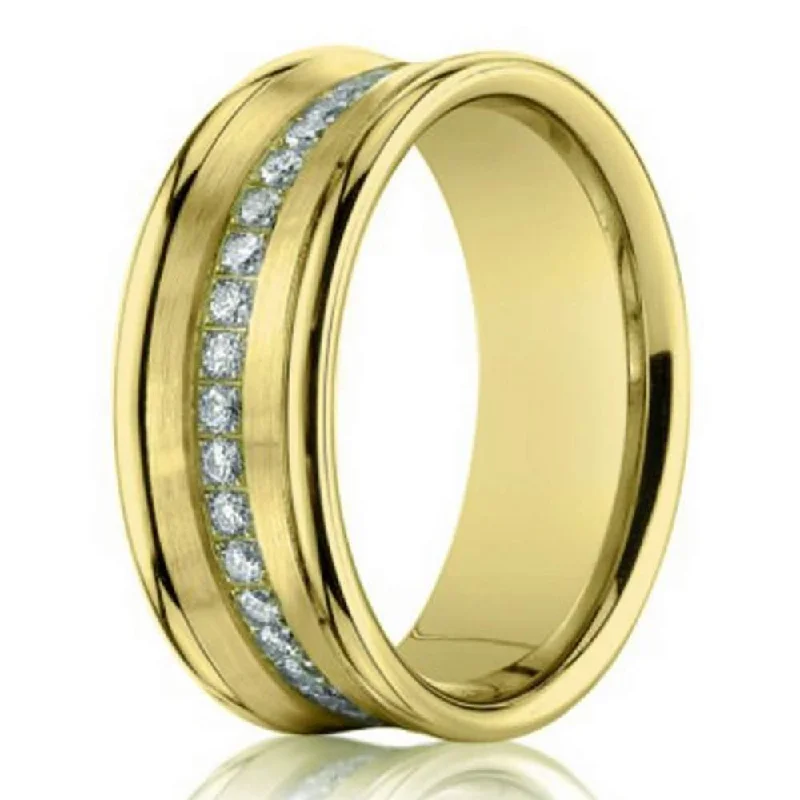 Silver Choker 7.5mm 14k Yellow Gold Mens Wedding Ring with Pave-Set Diamonds