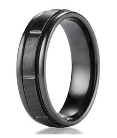 Square Cut Ring 7mm Men's Benchmark Black Titanium Wedding Band With Grooved Design