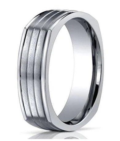 White Gold Necklace 7mm Men's Benchmark Four Sided Titanium Wedding Ring with Horizontal Grooves