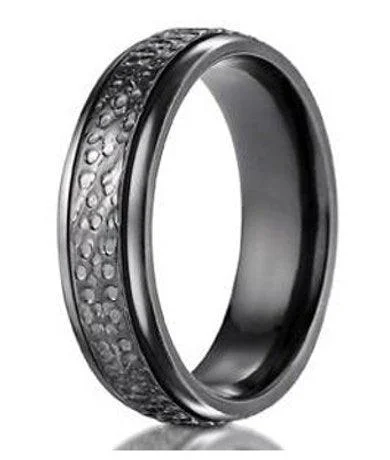 Heart Locket 7mm Men's Benchmark Black Titanium Hammered Wedding Ring