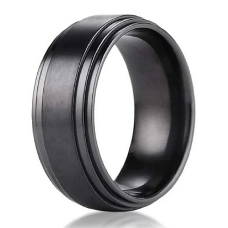 Trendy Jewelry 8mm Benchmark Black Titanium Men's Wedding Ring with Step-Down Edges