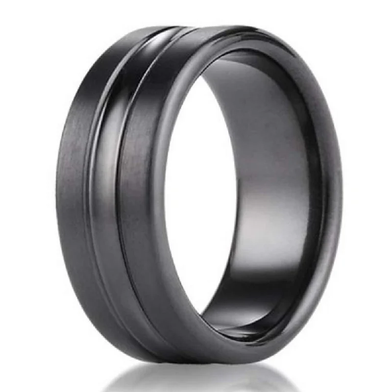 Stylish Earrings 7.5mm Benchmark Black Titanium Men's Wedding Ring With Center Cut