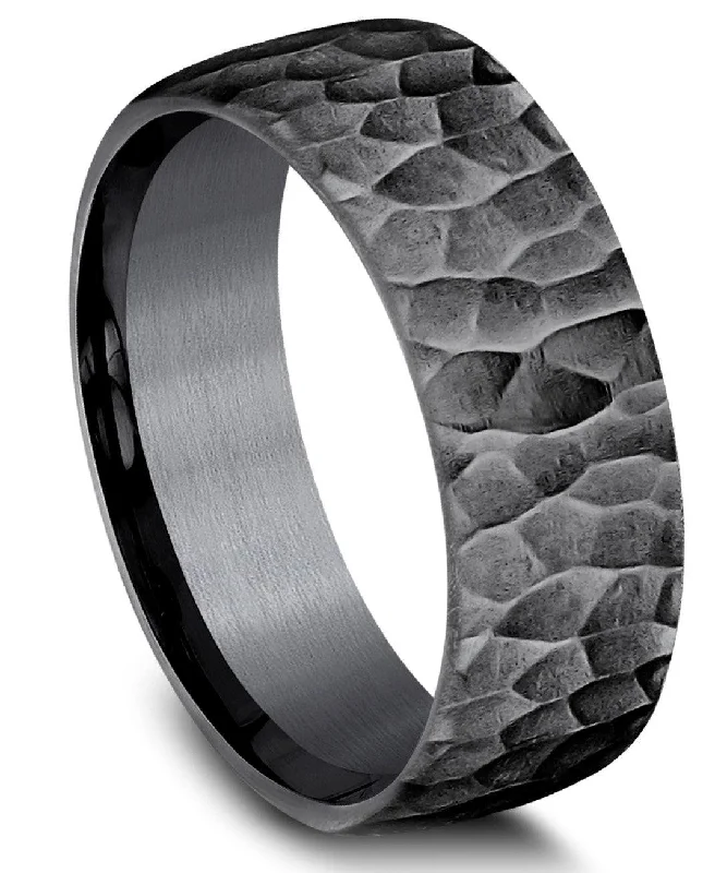 Yellow Gold Ring Benchmark 8mm Black Tantalum Hammer Finish Ring