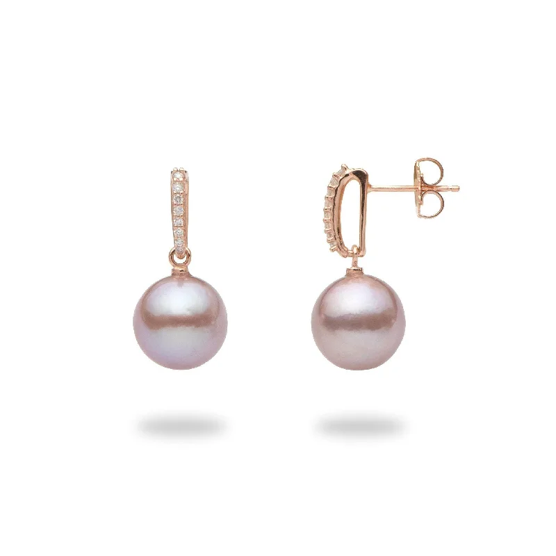 Lilac Freshwater Pearl Earrings in Rose Gold with Diamonds - 11-12mm