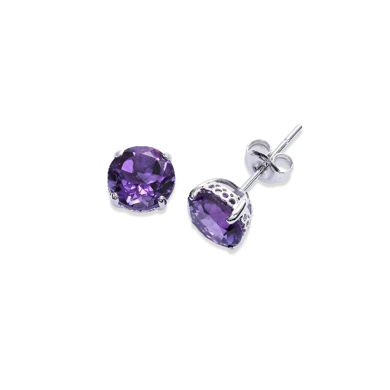 Round Amethyst Stud Earrings, 8 MM, 14K White Gold