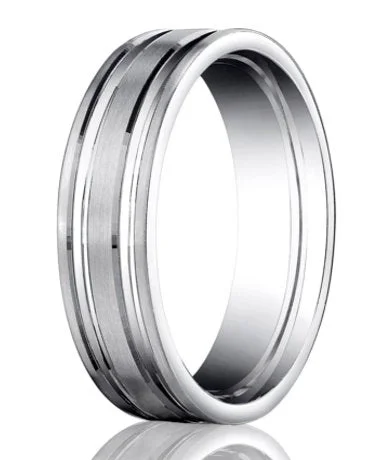 Unique Pendant Satin-Finished 10K White Gold Designer Wedding Band with Polished Grooves | 6mm