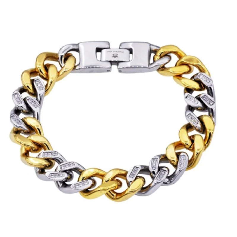 Stainless Steel Cubic Zirconia 8.5-inch Miami Cuban Link Two-Tone Bracelet