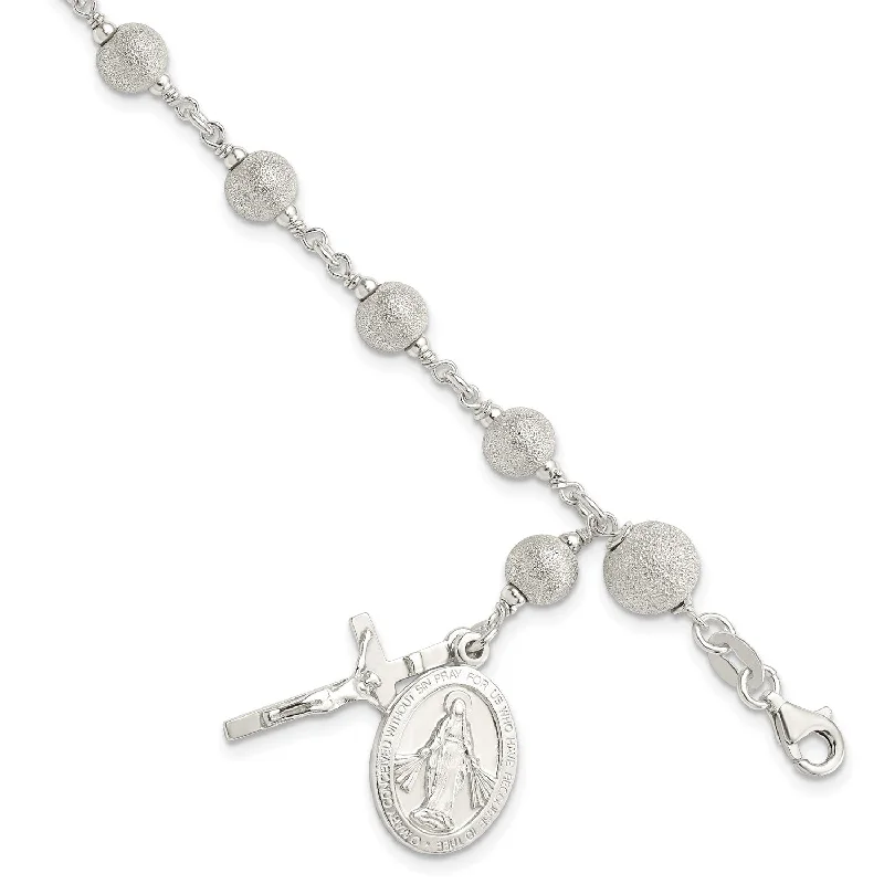 Sterling Silver 7.75-inch Diamond-cut Beaded Rosary Bracelet