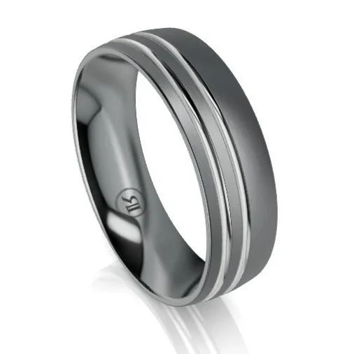 Stylish Chain The Ludlow Tantalum & White Gold Offset Grooved Wedding Ring