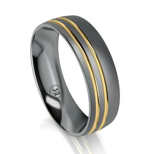 Rose Gold Bangle The Ludlow Tantalum & Yellow Gold Offset Grooved Wedding Ring