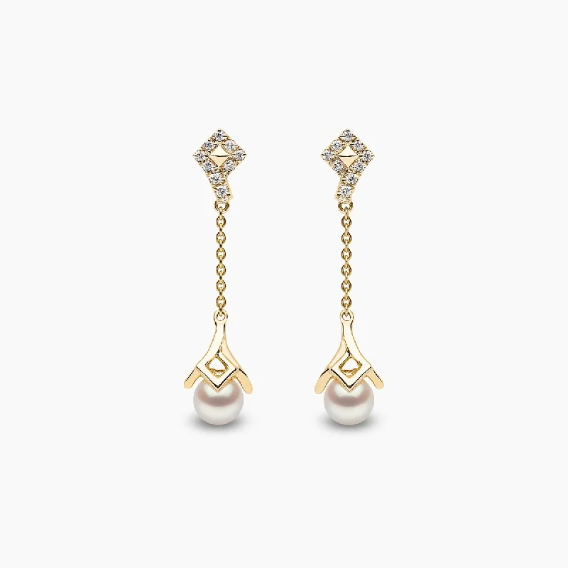 Art Deco Necklace Trend 18K Gold Freshwater Pearl and Diamond Motif Chain Drop Earrings