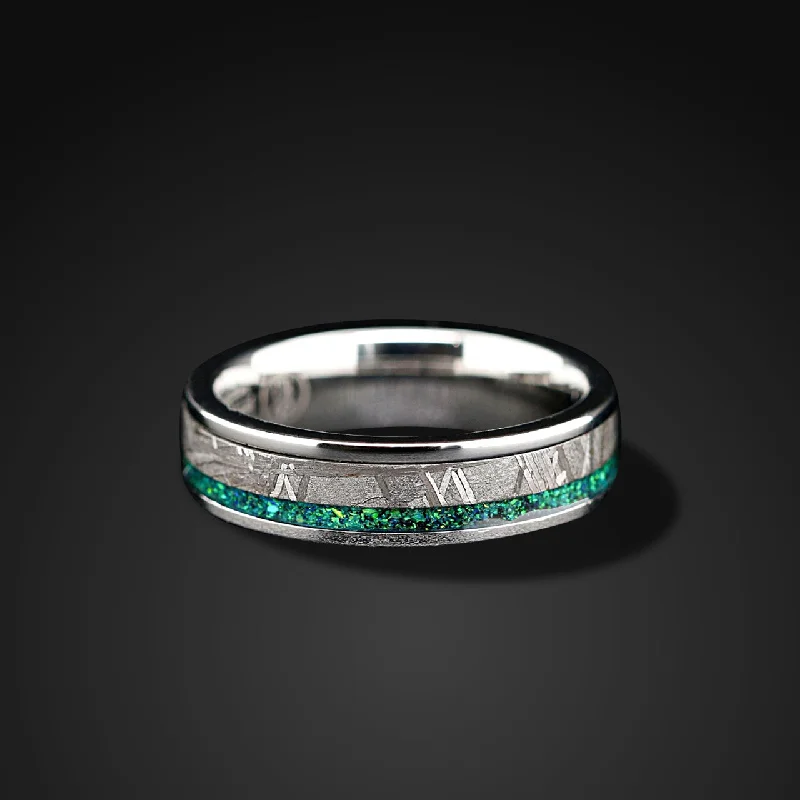 Meteorite Unity - Green Opal Wedding Band | Muonionalusta Meteorite Band for Men & Women